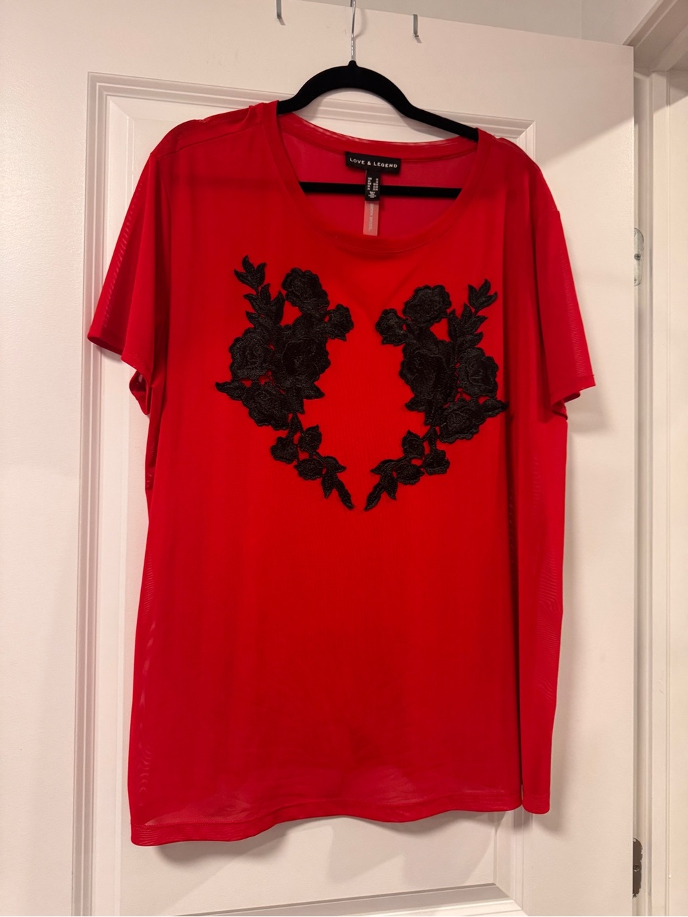 Plus Size Love & Legend Red Short Sleeve Top with Black Appliqué